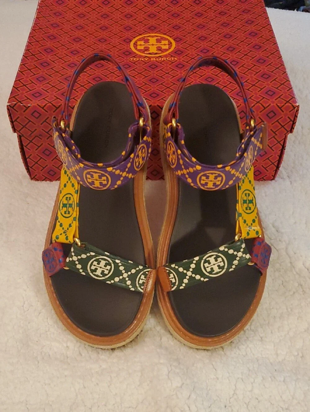 NWB Tory Burch T Monogram Rope Sport Sandal-SZ 8.5-Discontinued-in Bourbon/Coco
